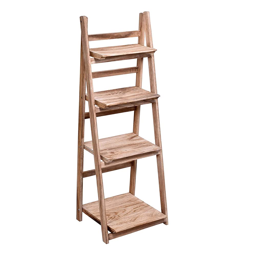 Makeup Toy Ladder Design Foldable Wooden Flower Rack Book Shelves Storage Stand Flower Pot Holder For Bedroom Office Restaurants Home Decor (4-Floor Natural)