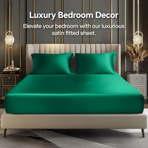 BEDELITE Satin Fitted Sheet and Pillowcase Set, Luxury Soft Similar to Silk Bottom Bedsheet with Elastic Corner Straps, Deep Pocket up to 15 Inch, 1 Fitted Sheet and 1 Pillowcase(Twin XL, Dark Green)