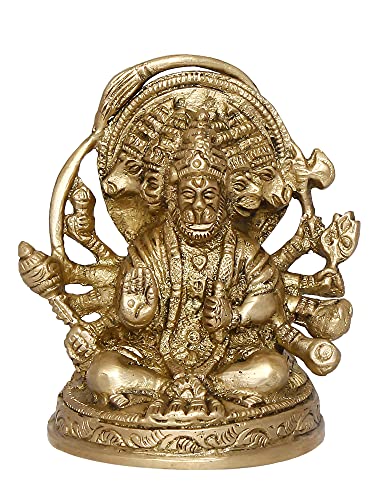 Image of eCraftIndia Golden Brass Handcrafted Sitting Panchmukhi Hanuman Statue - Bajrangbali Religious Idol Murti - Perfect for Home, Office Entrance, Pooja Room, Temple Mandir - Ideal for Gift Purpose