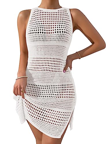 Micoson Womens Swimsuit Crochet Cover Up Sleeveless Summer Hollow Out Bathing Suit Backless Side Split Beach Dress