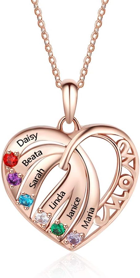 Lovejewelry Personalized Sterling Silver Hearts Necklace with 6 Simulated Birthstones for Women Customized Mothers Names Necklace for Mother's Day Family Name Necklaces for Mom