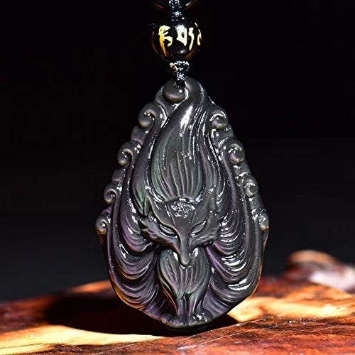 Miniatura 3 de Collar con colgante de zorro de nueve colas de cristal de obsidiana con cadena de cuentas para wen o mujeres