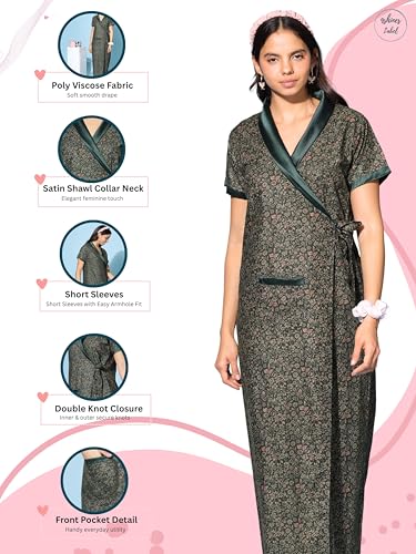 Image of 9shines Label Stylish Cotton Nighty Robe for Women | Front Open Floral Housecoat | Wrap Nighty with Pocket | Adjustable Waist Tie | Plus Size Housecoat (HC-2026)