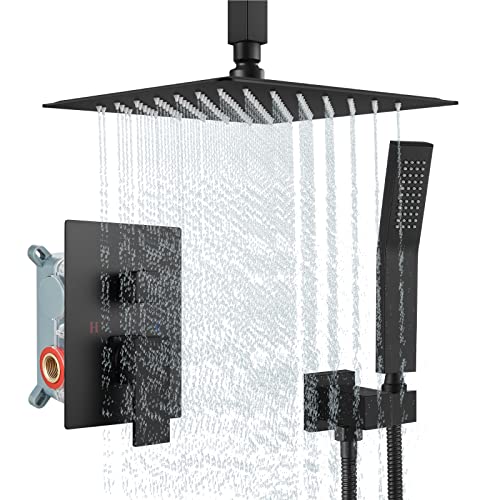 gotonovo Rain Shower System Matte Black Ceiling Mount 12 Inch Shower Head with Handheld Spray Luxury High Pressure Shower Combo Set Rough-in Valve and Shower Trim Included Dual Function
