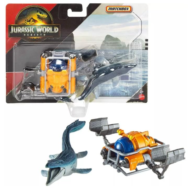 Hot Wheels Jurassic World Rebirth, Dinosaur Collection Vehicle and Figure (Mosasaurus Sea Sub), Black, Orange, 1:64