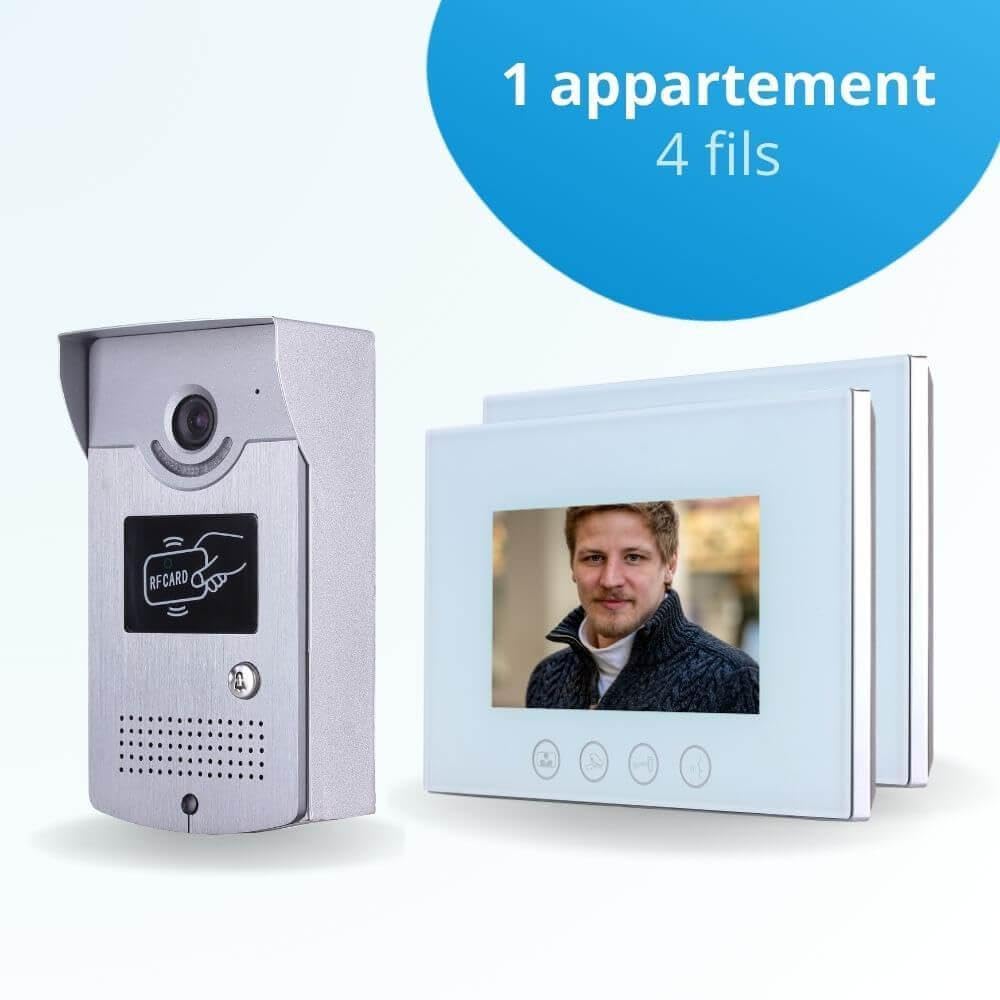 Portier interphone vidéo Cards 4 Fils - 2 écrans Blancs 7" - avec mémoire Photos - avec Lecteur de Badge