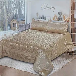 Shree Sharda Shaneel Double BedSheet Heavy Design Luxery Royal Printed Soft Shaneel Bedsheet with 2 Pillow Covers (Size 100x100) 500 TC (Beige)