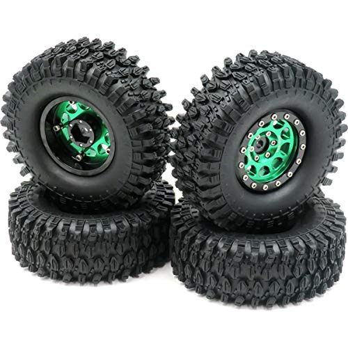 4pcs RC 1.9 Tires Tyres Height 108mm/4.25inch & Alloy 1.9 Beadlock Wheels Rims Hex 12mm Green & Black Color for 1/10 1/12 RC Mud Crawler Truck Axial RC4WD D90 TF2 Tamiya CC01,(Assembled)