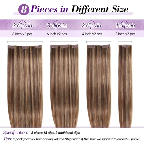 Image of Clip in Hair Extensions Real Human Hair 20 inch 105g /3.7oz Straight Seamless Invisible Human hair Extensions Clip ins for Women Double Weft 8pcs Chocolate Brown to Honey Blonde