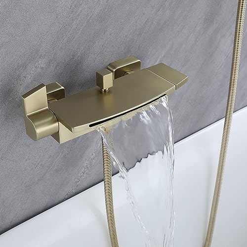 Badewannenarmatur Wasserfall Armatur Badewanne Mischbatterie mit Brause Wannenarmatur,Wannenarmatur Wasserfall,Armatur Badewanne Set, Messing badewannenarmaturen (gold gebürstet)