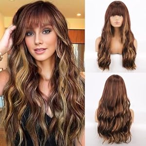 Dirty Blonde Hair Replacement Wigs With Bangs Long Curly Wavy Synthetic Black Wig For Black Women Daily Party Use (Dirty Blonde)