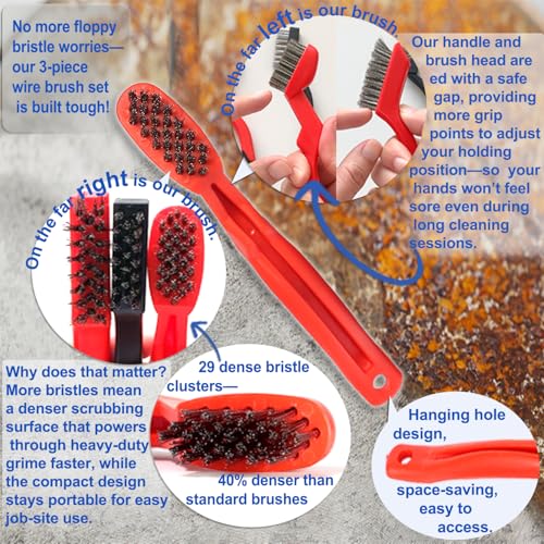 Image of GOLDEN SMILE 3-Pack 7 inch Stainless Steel Wire Brushes - 40% Denser Than Standard Brushes - for Heavy-Duty Cleaning: Grill Grates, Uncoated Pans, Rust Removal, Deburring & Metal Cleaning
