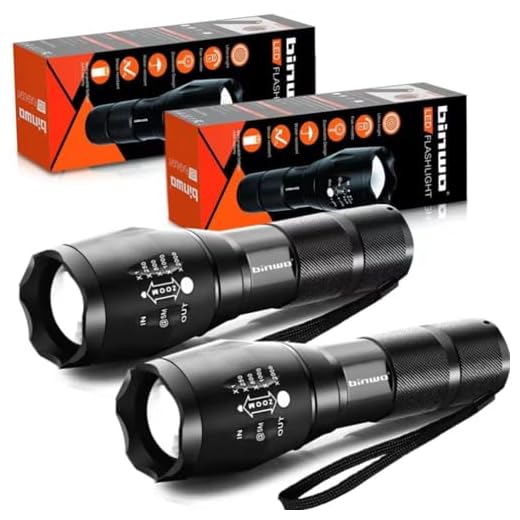LED Tactical Flashlight, BINWO Super Bright High Lumen XML T6 LED Flashlights Portable Outdoor Water Resistant Torch Light Zoomable Flashlight with 5 Light Modes, 2 Pack