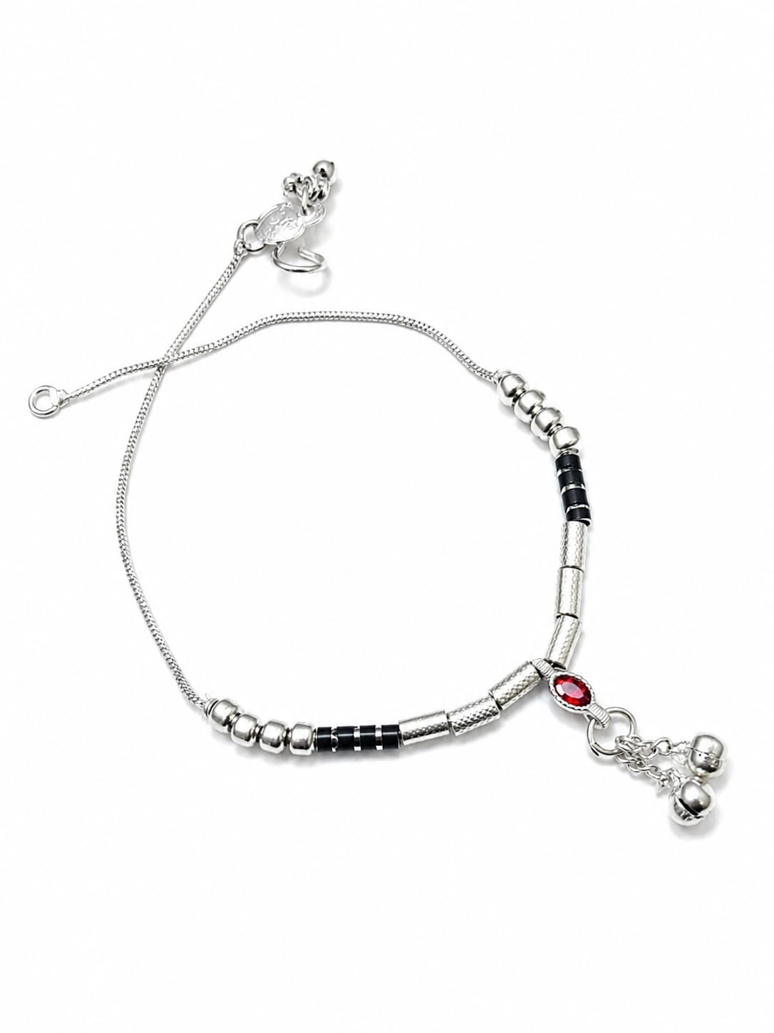 Silver Plated Beaded Anklet for Women with Red Stone Ghungroo Adjustable Payal 10 Inch-picture-44