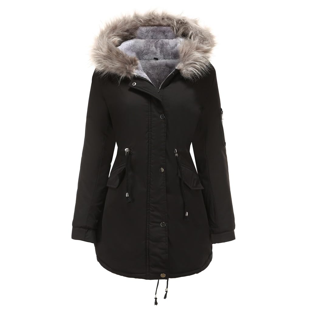 vianeklcin Women’s Long Parka Thick Warm Coat Fur Hood Cotton Padded Jacket Zipper Winter-picture-42