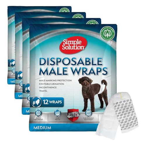 Image of Simple Solution Disposable Male Wraps, Absorbent Leak Proof Belly Bands for Dogs,Incontinence Aid,Puppy Training,Marking Control, and Travel Protection,Medium Dogs, 15-23 inch Waist,30 Count(Pack of 4)
