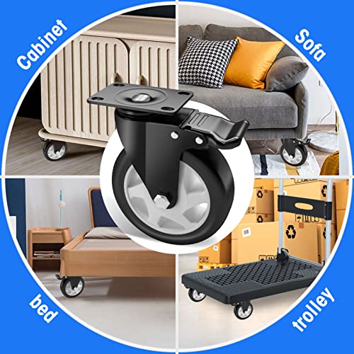 Image of 5 inch Caster Wheels Set of 4, Heavy Duty Casters with Brake, No Noise Locking Casters with Polyurethane (PU) Wheels, Swivel Plate Castors Pack of 4