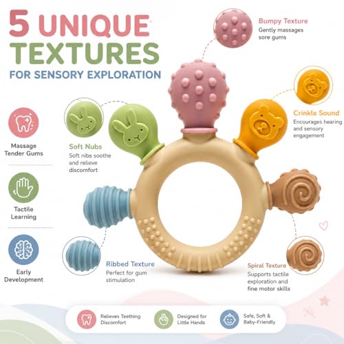 Image of Baby Teether Toy for 3+ Months, BPA-Free Food Grade Silicone Teething Ring, Soft Chew Toy for Teething Relief, Easy Grip Sensory Teether for Infants 6-12 Months, Newborn Baby Gift for Boys & Girls (New Teether)