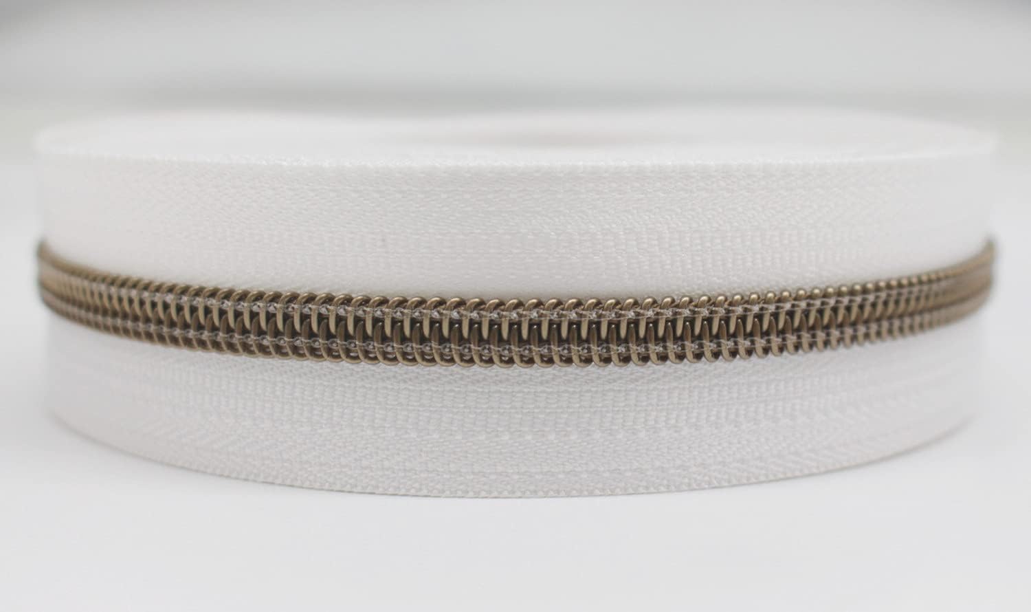 YaHoGa #5 Antique Brass Metallic Nylon Coil Zippers by The Yard Bulk Beige Tape 10 Yards with 20pcs Sliders for DIY Sewing Tailor Craft Bag (Anti-Brass Beige)