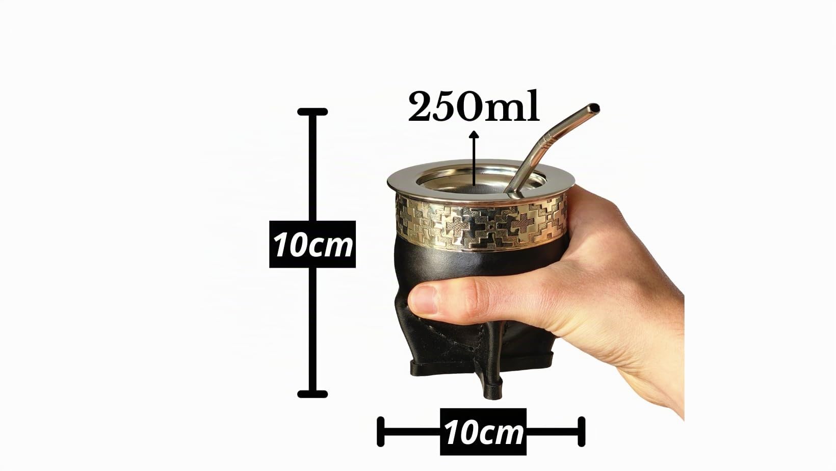 Taza Mate Imperial Argentino Premium - Hecho de Acero Inoxidable Térmico - Exterior Cuero Negro con Plata Alemana - Calabaza Yerba Mate Moderna - Incluye Bombilla de Regalo.