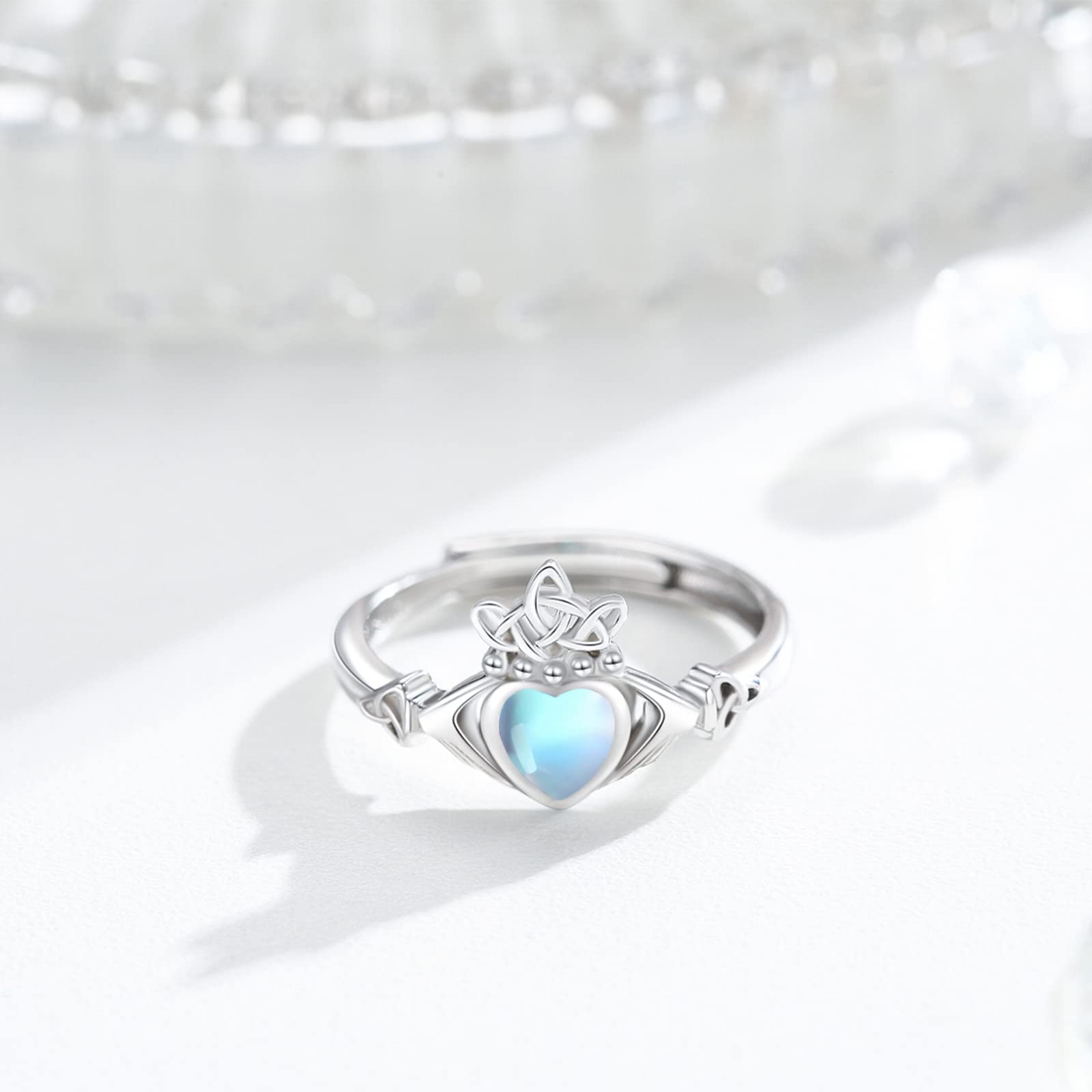 Claddagh Ring Damen 925 Sterling Silber Mondstein Irischer Ring Claddagh Herz Ringe Verstellbar Offener Ringe Geschenk Schmuck für Damen