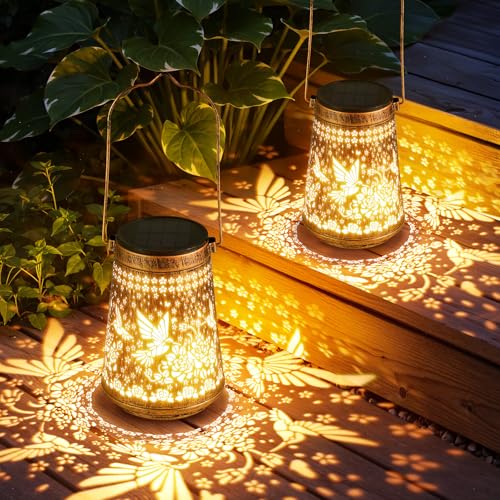 Christmas Gifts For Women, 2 Pack Solar Lanterns Outdoor Waterproof, Retro Hollowed-Out Metal Hummingbird Garden Decor Gifts for Women Mom Grandma, 2 Modes Hanging Solar Lights Outside for Yard, Patio