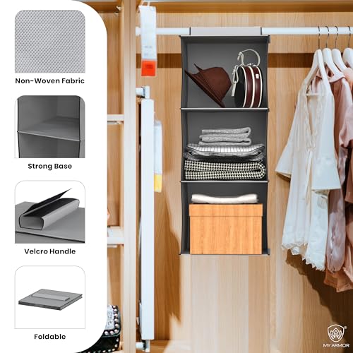 Image of MY ARMOR Hanging Shelf Cloth Storage Organizer, Universal Fit Hanging Closet Organizer for Wardrobe, 10 x 12 x 35 Inches (Grey, 3 Tier Shelf, Pack of 1)