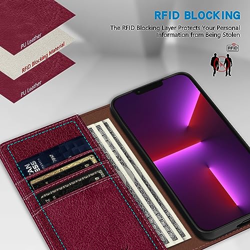 Image of ZZXX for iPhone 13 Pro Max Wallet Case Strong Magnetic 6.7 inch,Wine Red