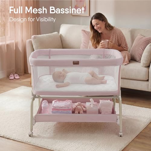 Image of Baby Bassinet Bedside Crib, 3-in-1 Baby Bassinet Bedside Sleeper with Mattress and Soft, Breathable Sheet, Full-Mesh Sides, 6-Height Adjustable, Stable and Secure Crib for Newborns