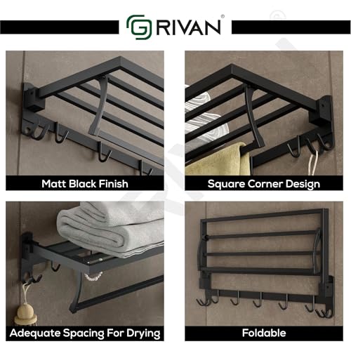 Image of GRIVAN Stainless Steel Towel Holder for Bathroom, 24-inch Bathroom Towel Hanger for Wall with Hooks - Towel Stand in Bathroom (Matte Black Finish)