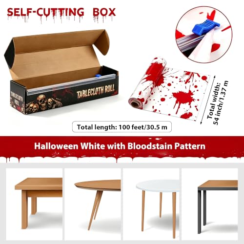 Image of Kochorie 100 Ft x 54 Inch Halloween Bloody Party Tablecloth Roll with Cutter Box Waterproof Plastic Horror Bloody Zombie Table Cover for Halloween Spooky Party Decorations. White