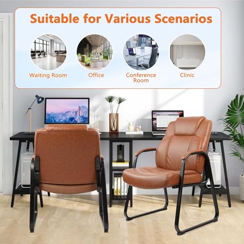Image of CLATINA Guest Chair Big & Tall 500 lbs, PU Leather Office Reception Chairs, Sled Base, No Wheels, Brown, Set of 2 for Waiting Room, Conference, Lobby, Living Room