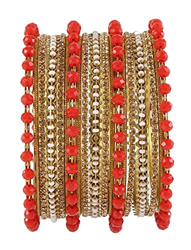 Image of NMII Metal with Zircon Gemstone, Pearls and Beads Studded Glossy Finished Bangle Set For Women and Girls