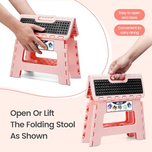 Image of Delxo Folding Step Stool 9 Inch,Non-Slip Foldable Stools for Kids & Adults Up to 300 LBS,Kitchen Collapsible Fold Up Stepping Stool with Dotted 1 Pack,Pink