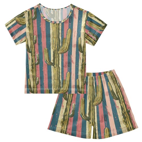 ALAZA Cactus Stripes Pajama Set Short Sleeve Sleepwear Soft Lounge Nightwear