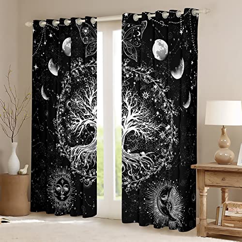 Loussiesd Sun and Moon Blackout CurtainsBohemian Tree Butterfly Curtain Psychedelic Hippie Darkening Window Dreapes for Galaxy Astrology Window Treatments W52*L90 - Image 2