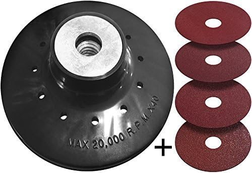 5 Inch Backing Pad with 5/8 Inch TPI - 11 Thread Lock Nut and 4 Grinding Resin Fiber Discs with Multi Grits