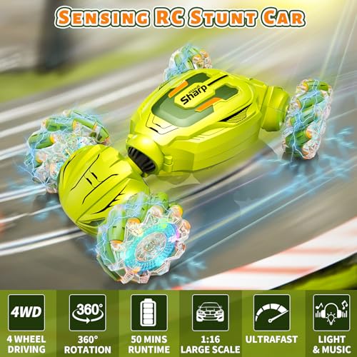 Image of Gesture Sensing RC Stunt Car, Remote Control Car Christmas Birthday Gifts for Kids Age 6-12, 2.4Ghz Hand Controlled Twist Cars, 360 Rotating Off Road Car Toy for Boys Girls Age 6 7 8 9 10 11+(Green)