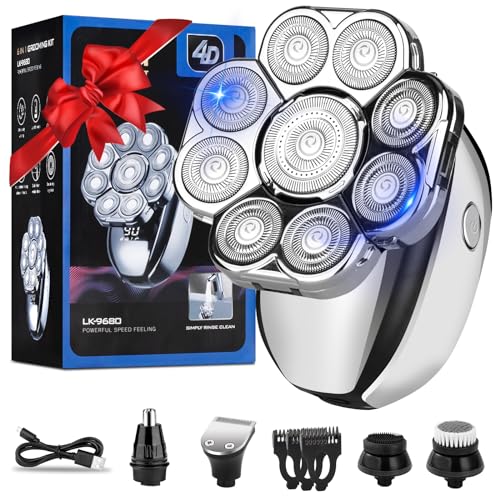 Upgrade Head Shavers for Bald Men,Head Shaver 9D, 6-in-1 Electric Razor Grooming Kit with Nose Hair Trimmer, Waterproof Wet/Dry Shaver, LED Display, Rechargeable Bald Head Razor, Gift for Men