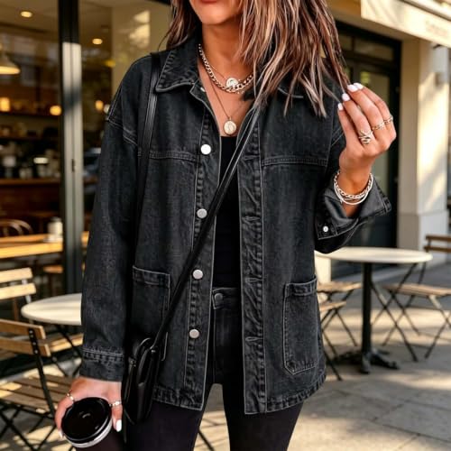 Oversized Denim Jacket Women Casual Long Sleeve Button Down Jean Coat - image 2
