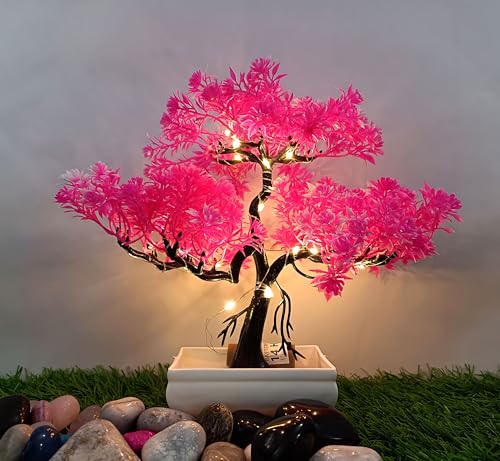 Image of Artificial LED Bonsai Tree with Lush Colorful Foliage in Elegant Plastic Pot | Artificial Plants with Pot | Indoor Plants | Home Decor Items (Pink, 24cm)