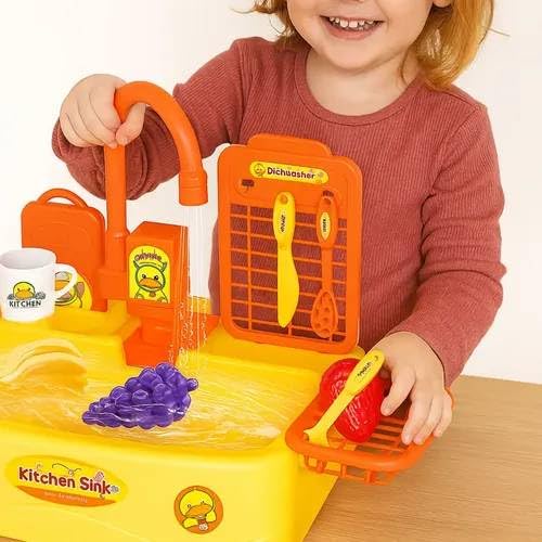 Image of SHAKTSIM Kids Play House Kitchen Sink Toy Set | Electric Circulating Water System | 20 PCS Pretend Play Washing Sink with Fruits, Vegetables & Utensils | Educational Role Play Toy for Boys & Girls