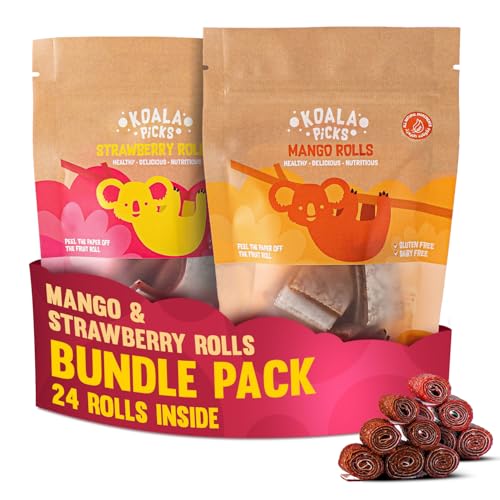 Koala Picks Fruit Rolls Combo 12 Strawberry & 12 Mango Rolls No Refined Sugar No Preservatives Healthy Snack for Kids & Adults Made with Real Fruits