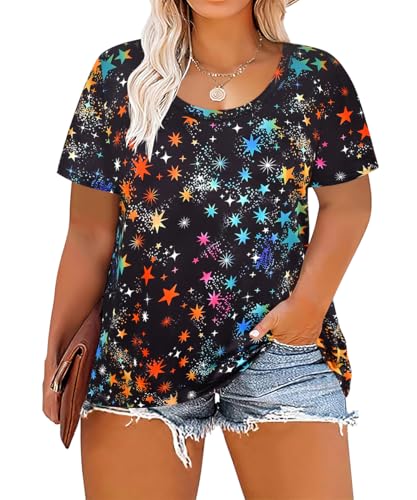 Image of CARCOS Plus Size Tops for Women Short Sleeve Shirt Summer Star /Leopard /Tie Dye /Flower Crewneck Pullover Tunic XL-5XL