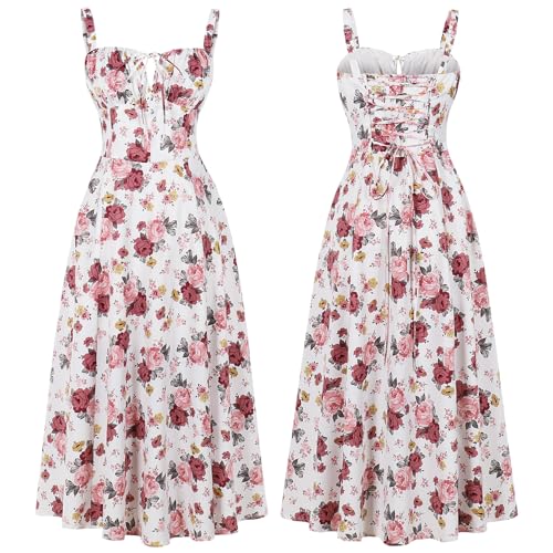 Image of IBTOM CASTLE Women Corset Dress Sleeveless Spaghetti Straps Casual Dresses Boho Slit Lace Up Flowy Midi Bustier Sundress