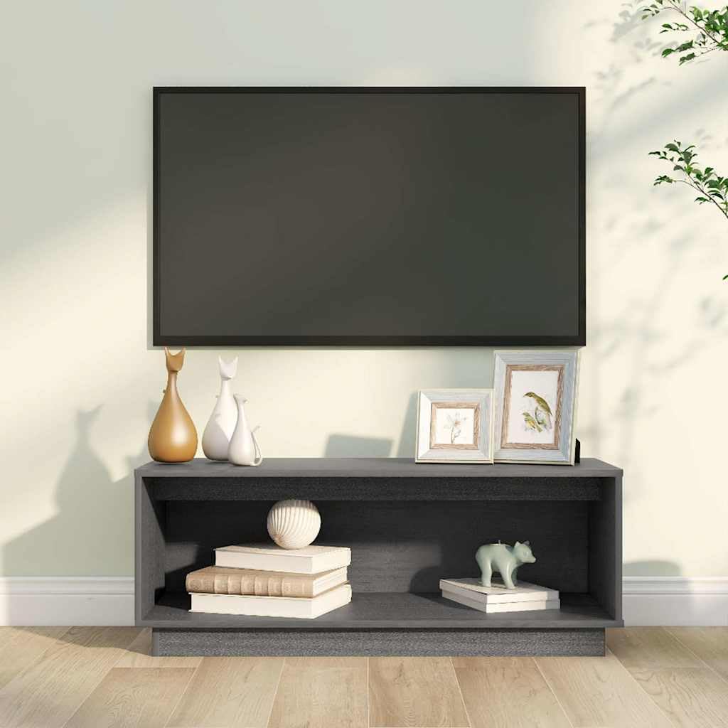Szafka TV szara z litego drewna sosnowego, 90 x 35 x 35 cm, z miejscem do przechowywania i ruchomym wzorem, do salonu, sypialni, nowoczesna szafka z półką, szufladą i półką na soundbar i do