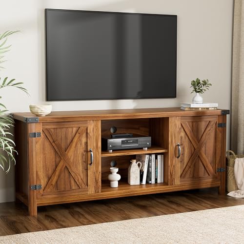 image for YESHOMY Modern Farmhouse TV Stand with Two Barn Doors and Storage Cabi