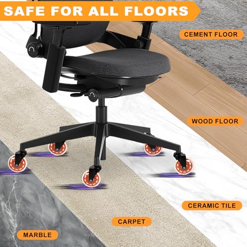 Image of Office Chair Wheels for Casters Replacement - 3 inch Rubber Wheels for Computer Gaming Desk Caster Smooth & Safe Rolling for All Floors Including Hardwood and Carpet - Set of 5 - Orange