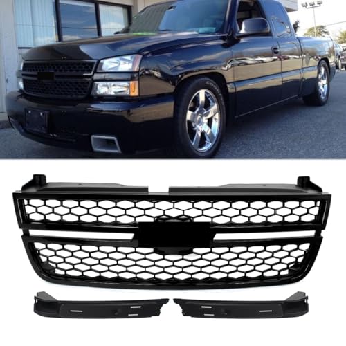 SHENGXUAN Gloss Black Front Upper Grill Compatible with 2003-2007 Chevy Silverado 1500 2500HD 3500HD Pickup Front Bumper Grille Assembly Replace for HC3Z-8200-BB