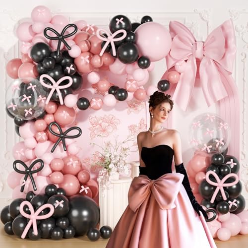 Image of Pink and Black Bow Balloon Arch Kit, JOGAMS 199Pcs Pink and Black Birthday Decorations with 260 Clear Balloons Ribbon Bow for Coquette Bow Theme Birthday Bachelorette Baby Shower Bridal Shower Wedding